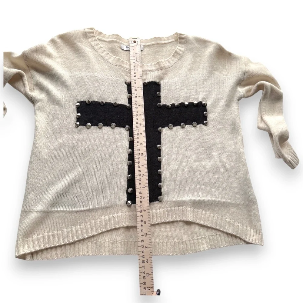 ROMWE off white studded cross sweater lightweight knit long sleeve